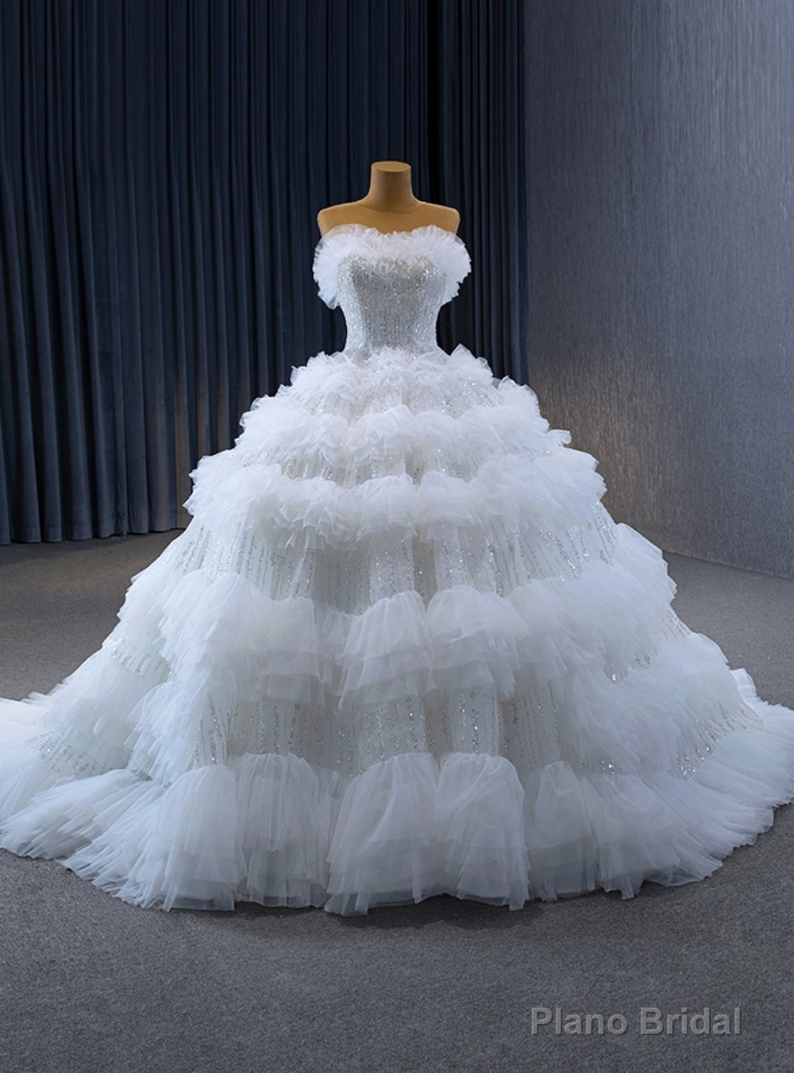 White Ball Gown Tulle Tiers Sequins Wedding Dress Main image