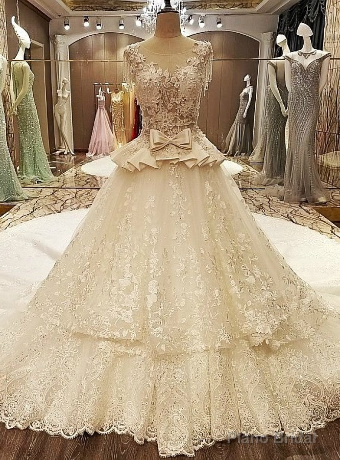White Ball Gown Vap Beading Sleeves Corset Back Wedding Dress Long Train Main image