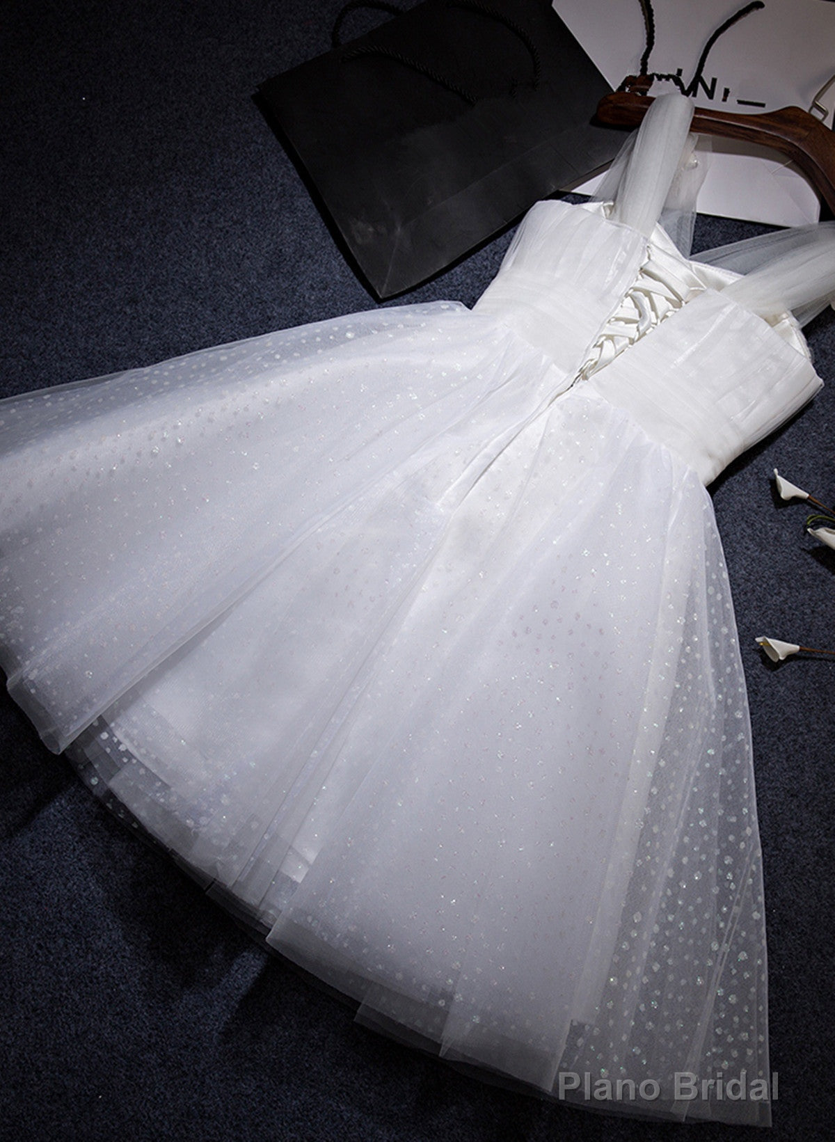 White Beaded Tulle V-neckline Short Party Dress, White Tulle Graduation Dress Prom Dress Secondary image