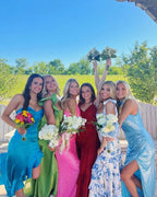 White Blue Floral A-Line Formal Prom Dresses Long Formal Evening Gown