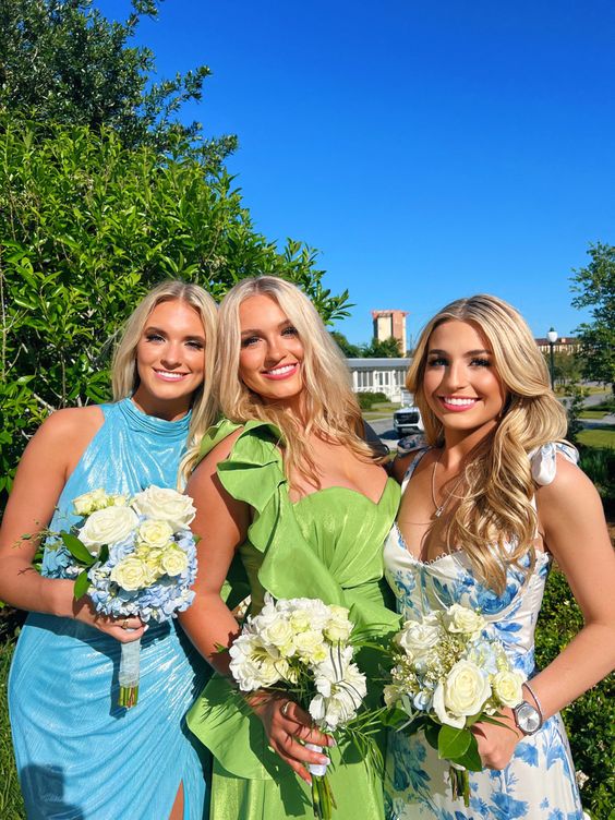 White Blue Floral A-Line Formal Prom Dresses Long Formal Evening Gown