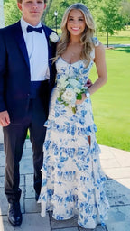 White Blue Floral A-Line Formal Prom Dresses Long Formal Evening Gown