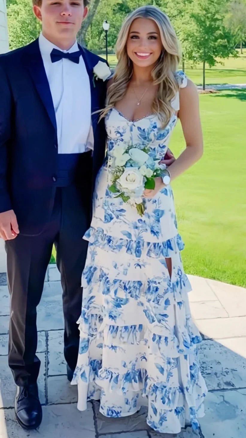 White Blue Floral A-Line Formal Prom Dresses Long Formal Evening Gown