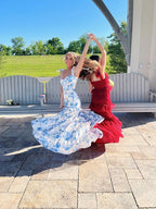 White Blue Floral A-Line Formal Prom Dresses Long Formal Evening Gown