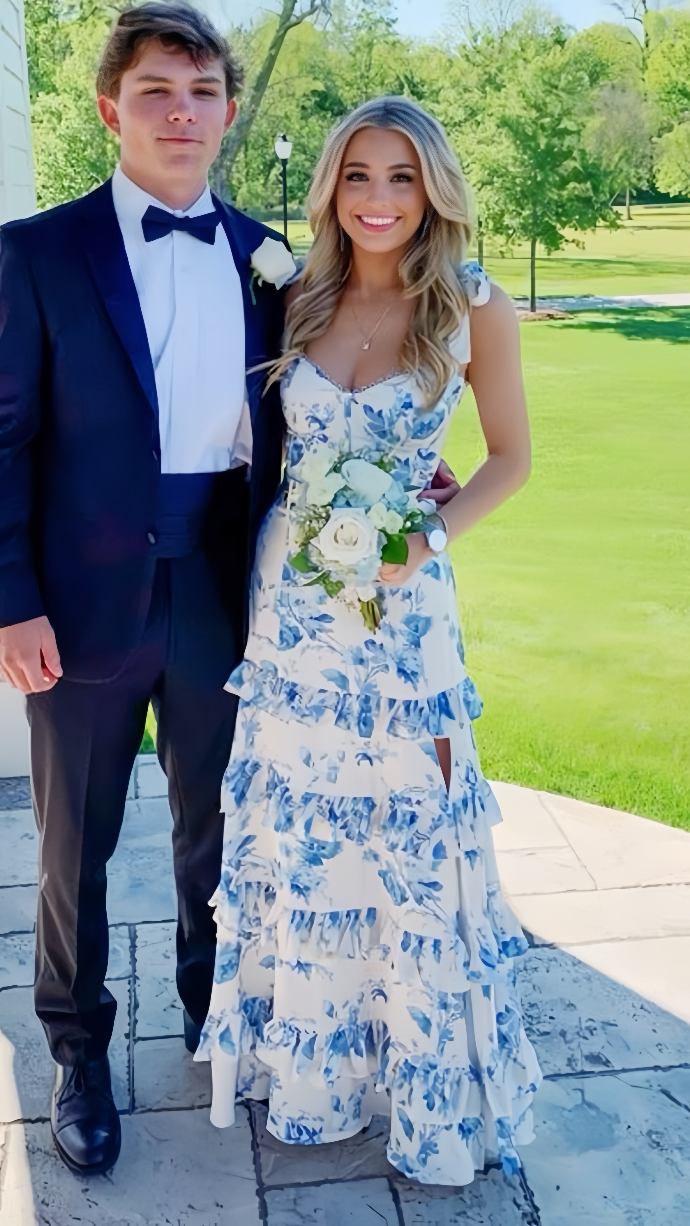White Blue Floral A-Line Formal Prom Dresses Long Formal Evening Gown