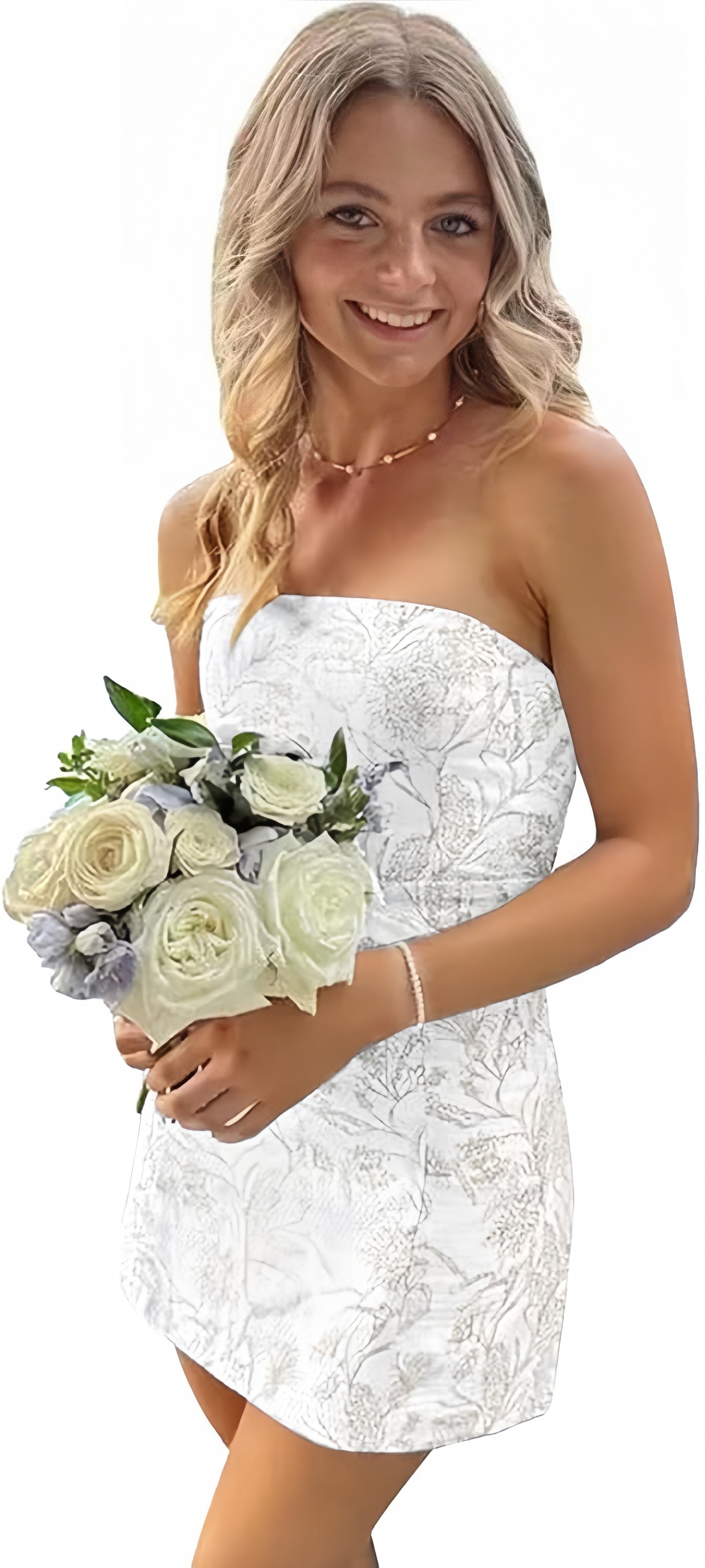 White Blue Floral Homecoming Dresses Strapless Short Formal Prom Dresses,