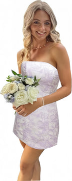 White Blue Floral Homecoming Dresses Strapless Short Formal Prom Dresses,