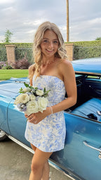 White Blue Floral Homecoming Dresses Strapless Short Formal Prom Dresses,