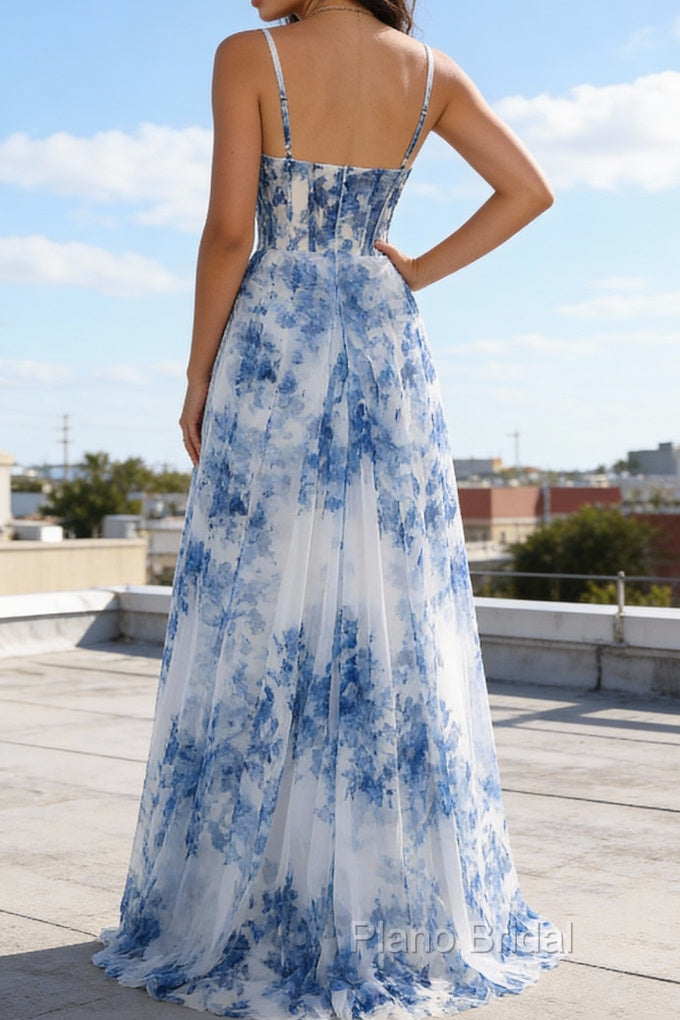 White Blue Flower Spaghetti Straps Ruched Corset Long Prom Dress With Slit