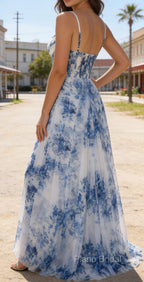 White Blue Flower Spaghetti Straps Ruched Corset Long Prom Dress With Slit
