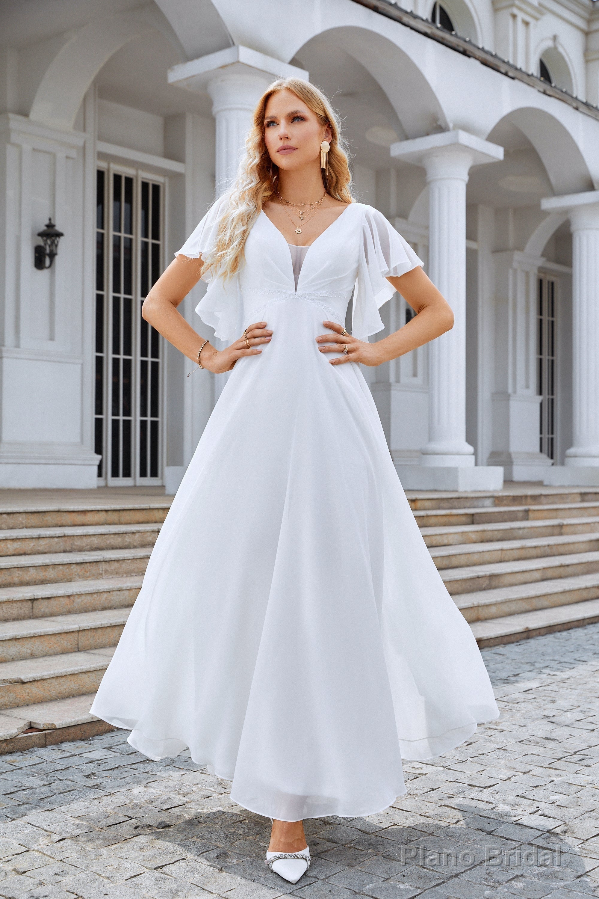 White Chiffon Prom Dresses V-Neck Chiffon A-Line Sequin Floor Length Long Dress with Flared Sleeves Secondary image