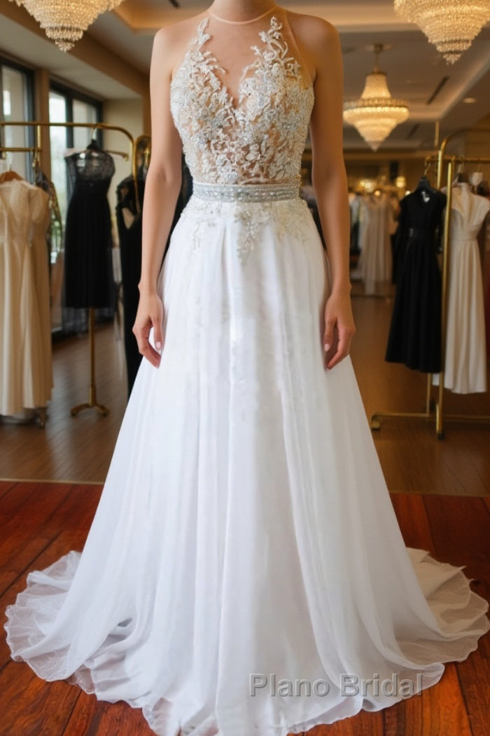 White Chiffon Tulle Appliques Lace Sweep Train Sexy Open Back Formal Prom Dresses, Lace Formal Dresses
