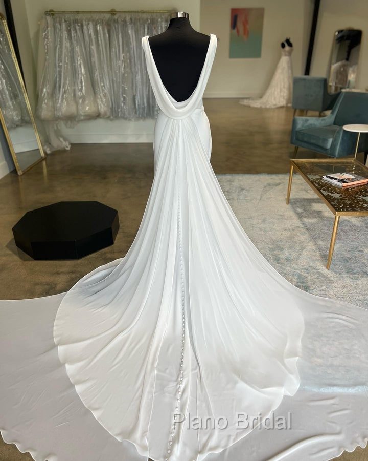 White Cowl Neck Open Back Mermaid Long Wedding Dresses Pure Color Secondary image