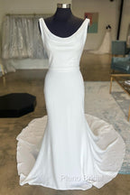 White Cowl Neck Open Back Mermaid Long Wedding Dresses Pure Color