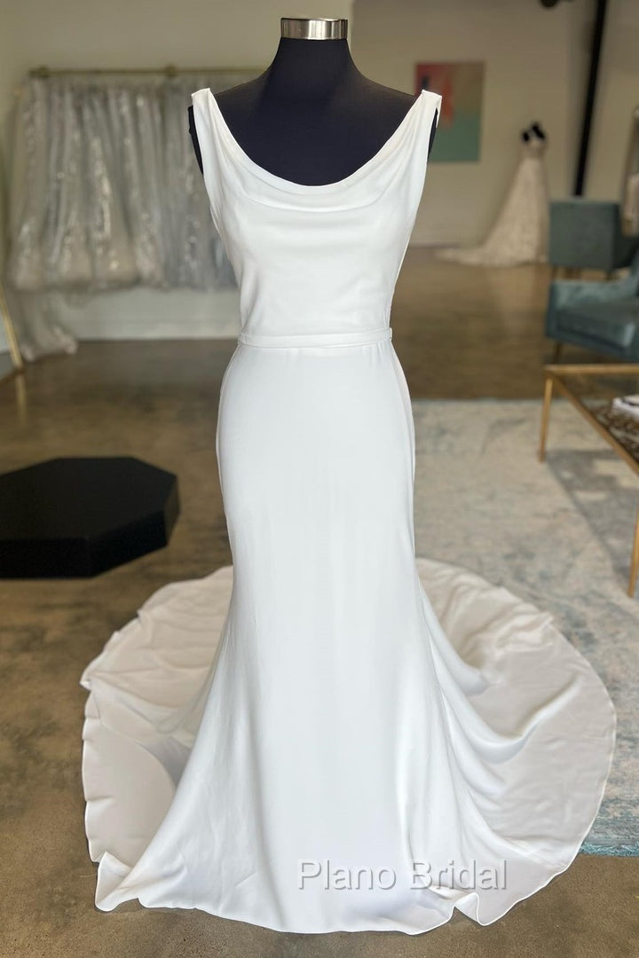White Cowl Neck Open Back Mermaid Long Wedding Dresses Pure Color