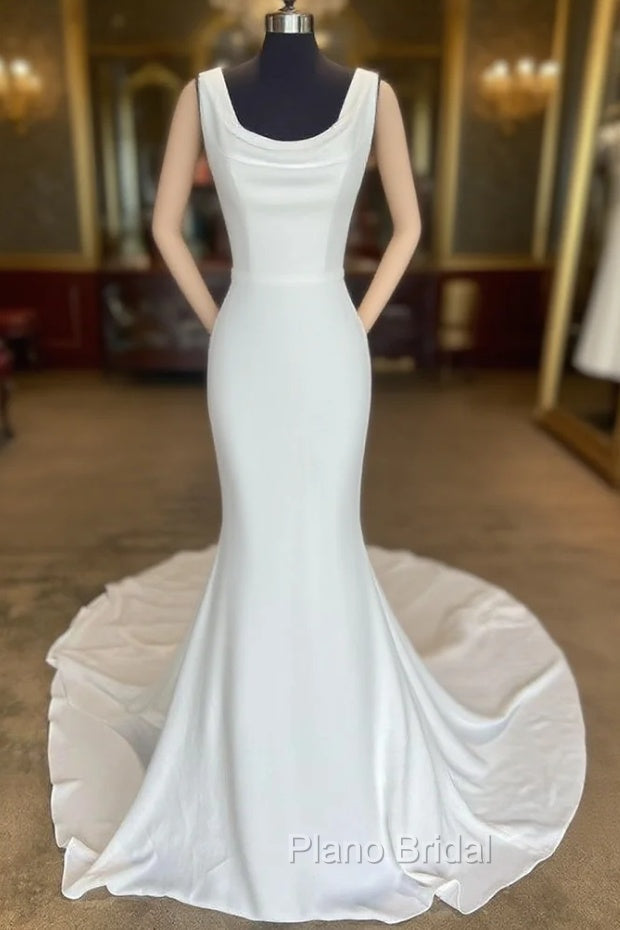 White Cowl Neck Open Back Mermaid Long Wedding Dresses Pure Color Main image
