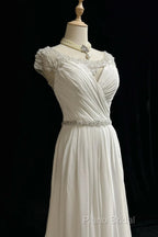 White Elegant A-Line Chiffon V-Neck Long Formal Prom Dresses With Beading Simple Wedding Dresses