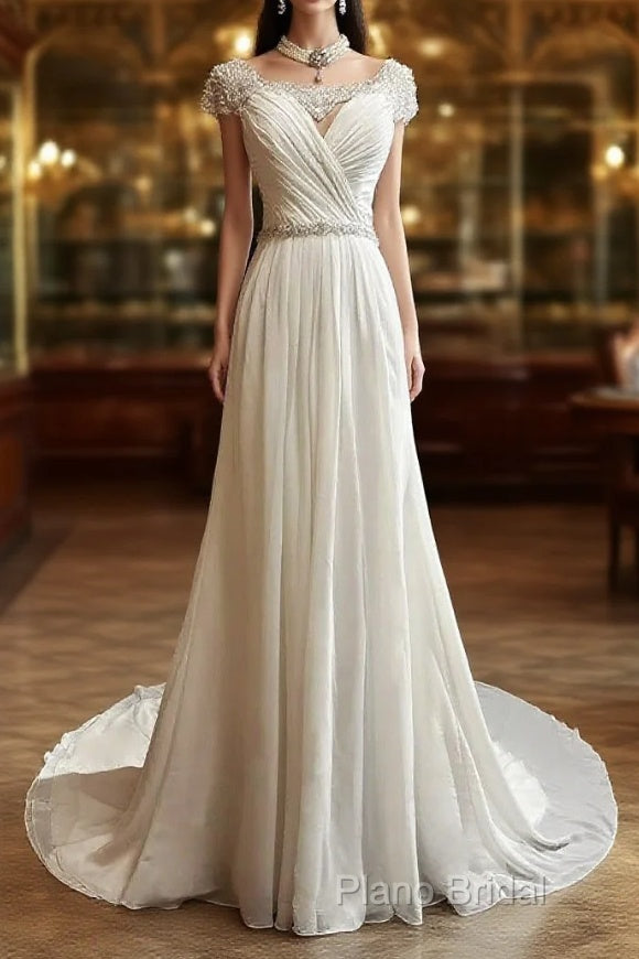 White Elegant A-Line Chiffon V-Neck Long Formal Prom Dresses With Beading Simple Wedding Dresses Main image