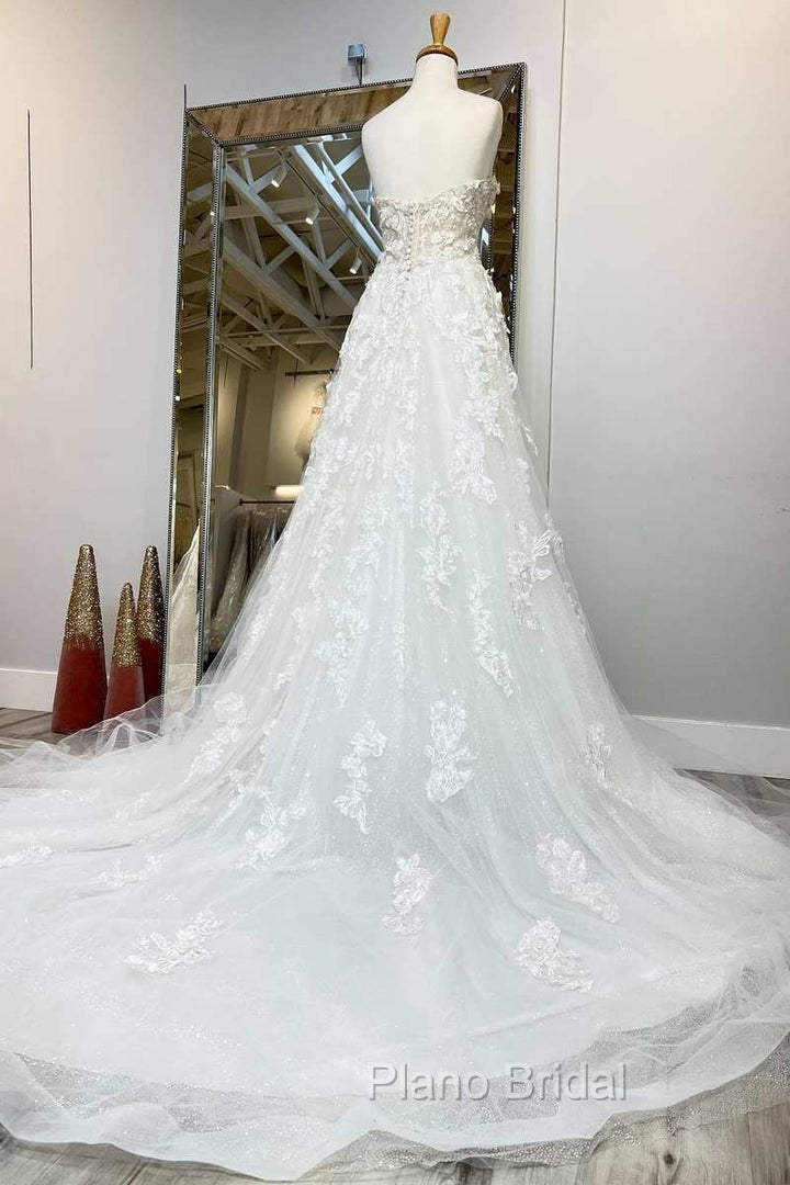 White Floral Applique Sweetheart Long Wedding Dresses With Sweeping Train Beautiful Secondary image