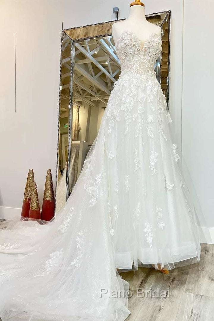White Floral Applique Sweetheart Long Wedding Dresses With Sweeping Train Beautiful