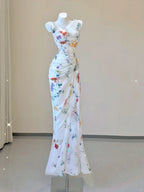 White Floral Elegant Sweet Sophisticated Long Chiffon Ball Gown Formal Evening Dresses Party Dresses