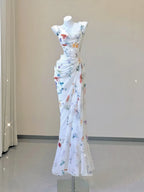 White Floral Elegant Sweet Sophisticated Long Chiffon Ball Gown Formal Evening Dresses Party Dresses
