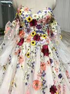 White Floral Sweetheart Long Sleeves Ball Gown Formal Prom Dresses