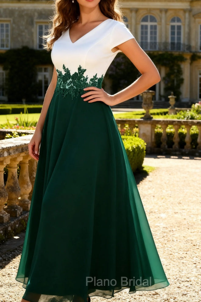 White Green A Line V Neck Appliqued Mother Of The Bride Dress