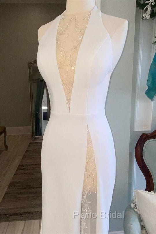 White Halter Open Back Mermaid Long Wedding Dresses V-Neck