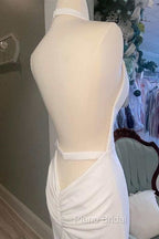 White Halter Open Back Mermaid Long Wedding Dresses V-Neck