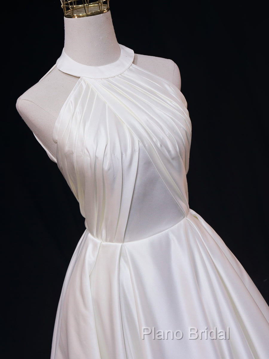 White Halter Simple Satin Backless Long Weddign Party Dresses, White Long Formal Dresses Secondary image