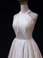White Halter Simple Satin Backless Long Weddign Party Dresses, White Long Formal Dresses