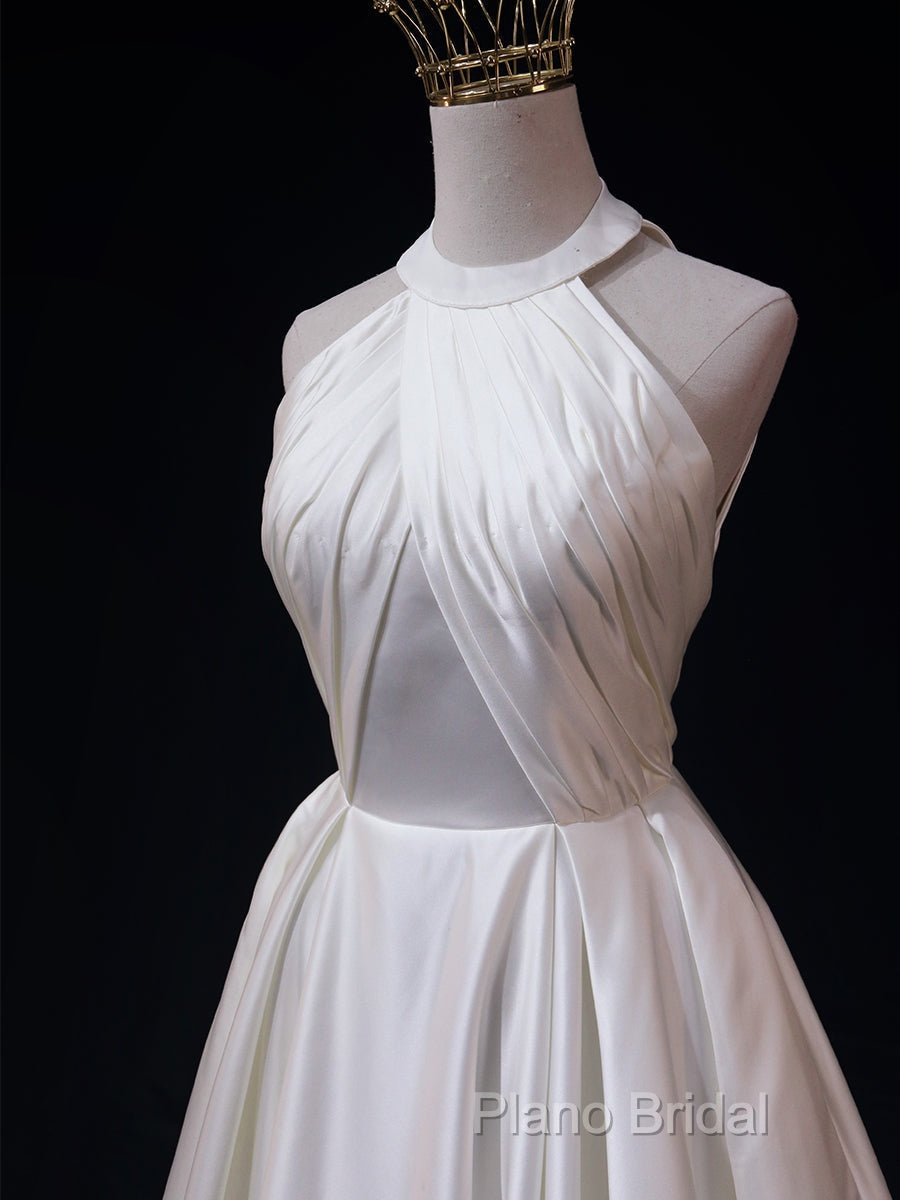 White Halter Simple Satin Backless Long Weddign Party Dresses, White Long Formal Dresses