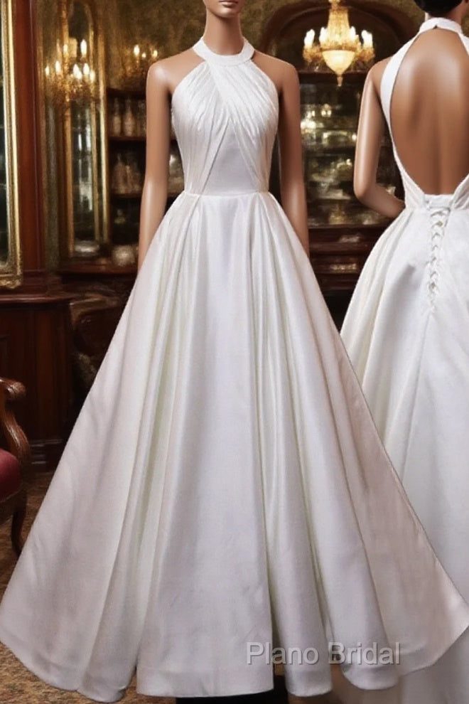 White Halter Simple Satin Backless Long Weddign Party Dresses, White Long Formal Dresses Main image