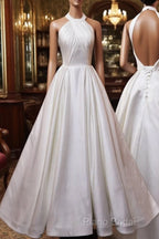 White Halter Simple Satin Backless Long Weddign Party Dresses, White Long Formal Dresses