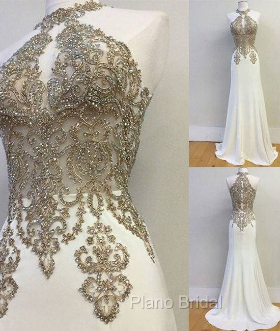 White High Neck Lace Applique Long Formal Prom Dresses, Evening Dresses