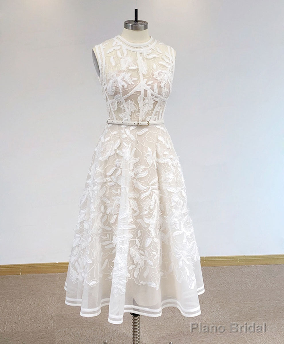 White High Neck Tulle Lace Prom Dress, Lace Formal Party Dress