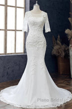 White Jewel Half Sleeve Mermaid Wedding Dresses