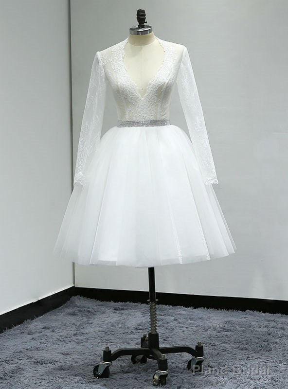 White Knee Length Turkey Lace Long Sleeve Short Wedding Dress Main image