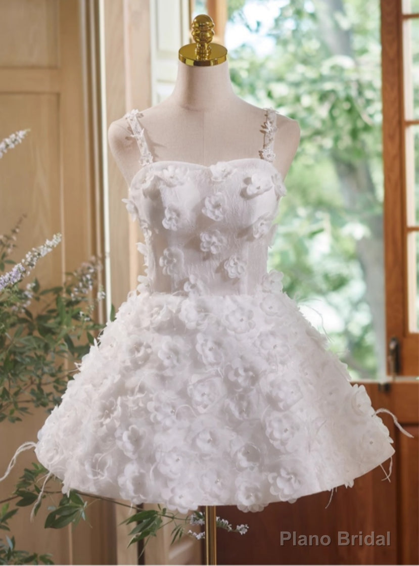 White Lace 3D Flower Spaghetti Straps Homecoming Dress Main image