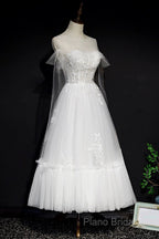 White Lace A-Line Tea Length Formal Prom Dresses