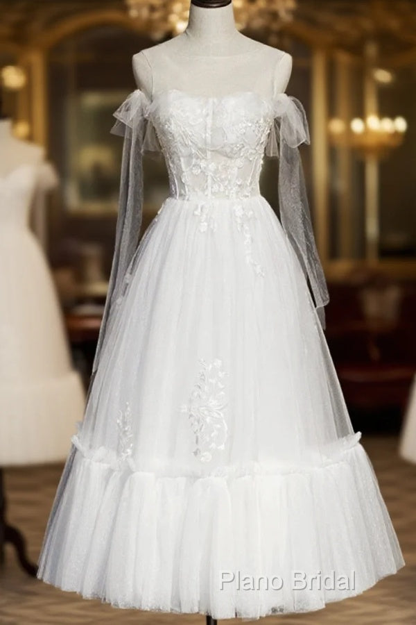 White Lace A-Line Tea Length Formal Prom Dresses Main image