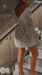 White Lace Bridal Dresses, Long Sleeves Mini Wedding Gown,