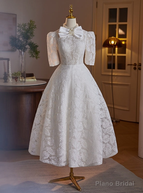 White Lace High Neck Backless Wedding Dress Main image