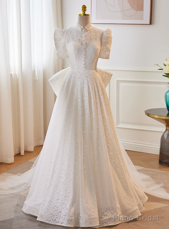 White Lace High Neck Short Sleeve Wedding Dress Main image
