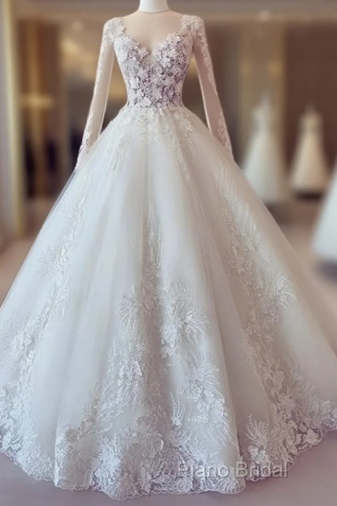 White Lace Long Sleeve Ball Gown Formal Prom Dresses Wedding Dresses