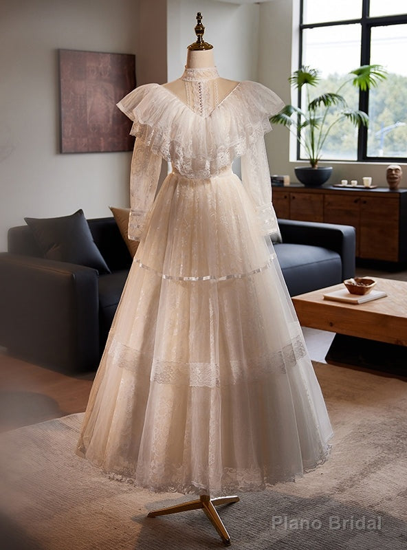 White Lace Long Sleeve High Neck Wedding Dress Main image