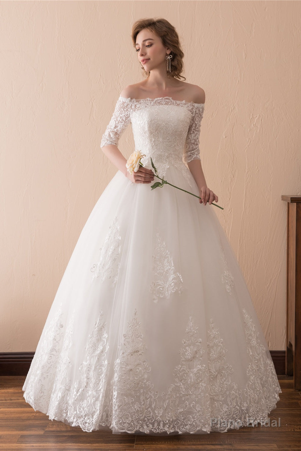 White Lace Long Sleeves Off Shoulder Strapless A Line Floor Length Wedding Dresses Secondary image