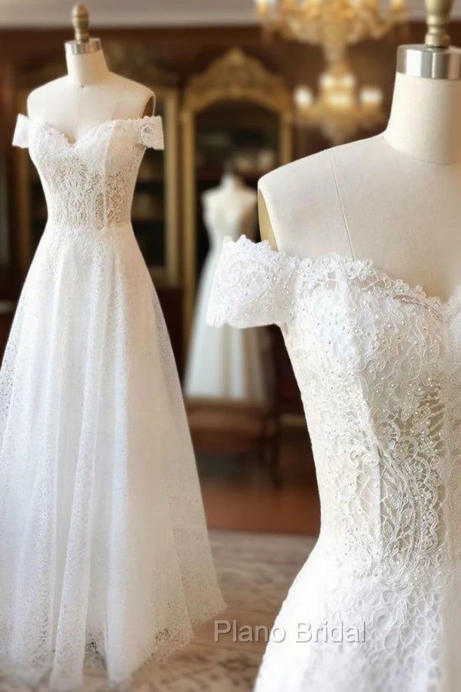 White Lace Off Shoulder Long Formal Prom Dresses White Lace Evening Dresses Main image