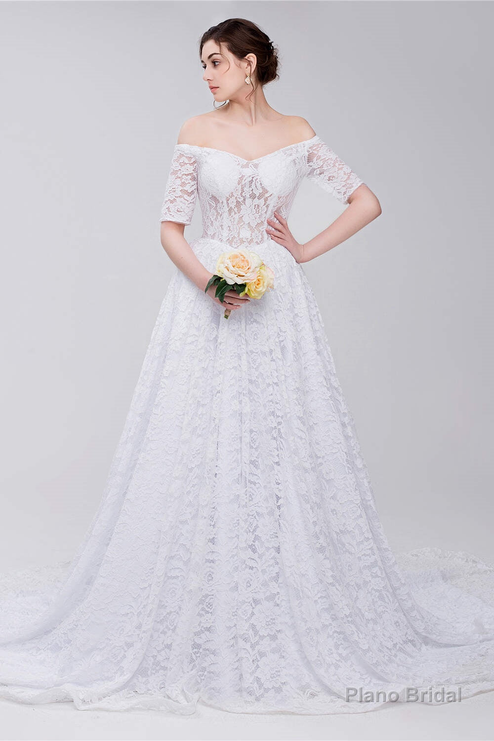 White Lace Off The Shoulder Short Sleeve Corset Wedding Dresses Secondary image